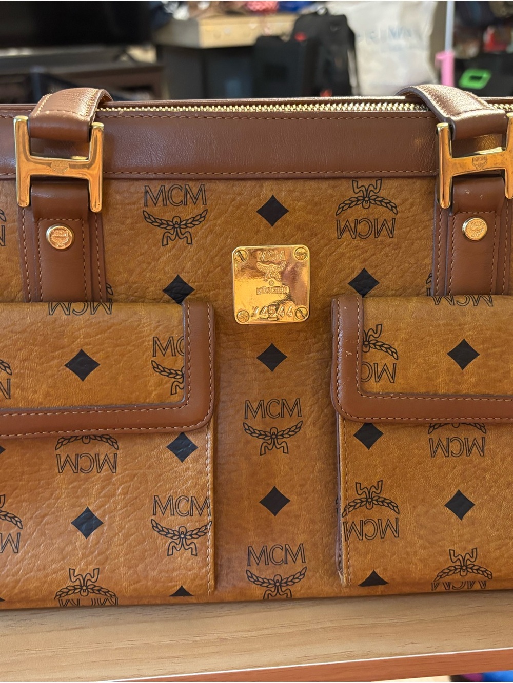 MCM Cognac Brown Visetos Canvas Briefcase with Gold Hardware with COA